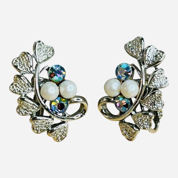 Vintage Coro Clip On Blue AB Rhinestones Faux Pearl Silver Tone Earrings - Picture 1 of 4